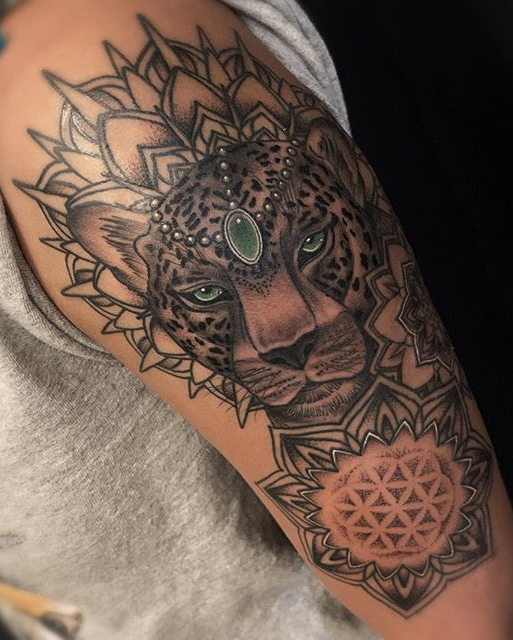 Mandala Cat Tattoo with jeweled headdress created by tattoo artist Alan Lott of Sacred Mandala studio in Durham ,NC.