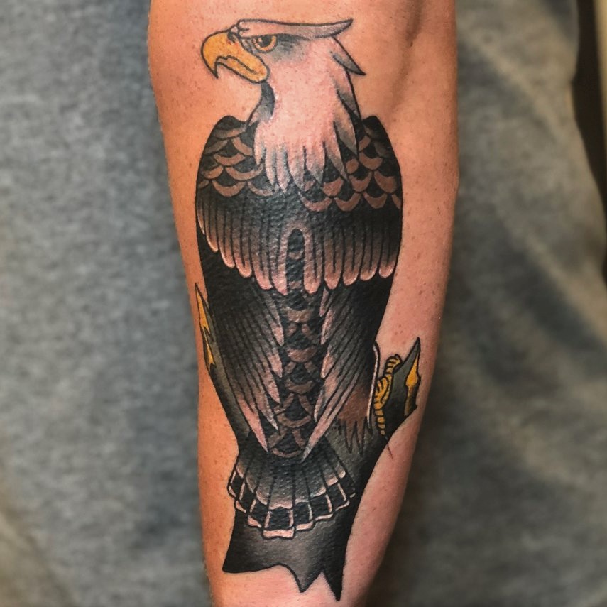 American Bald Eagle tattoo done in color in the American Traditional style by tattoo artist Jerry Martin II.