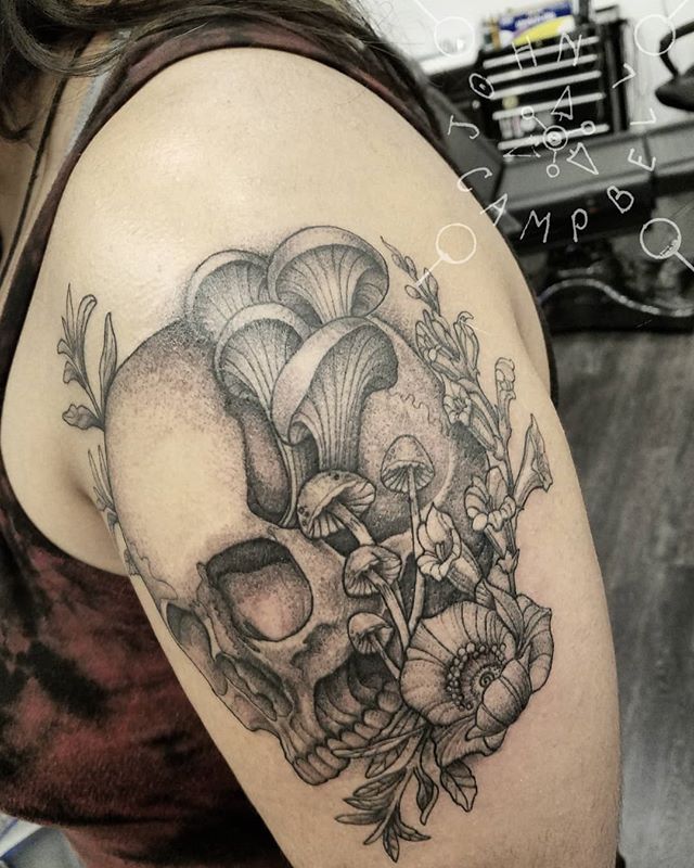 Mushroom Skull Tattoo done in black and grey by tattoo artist John Campbell at Sacred Mandala Studio - tattoo and art gallery in Durham, NC.