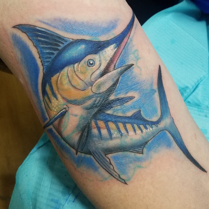 Full color swordfish tattoo.