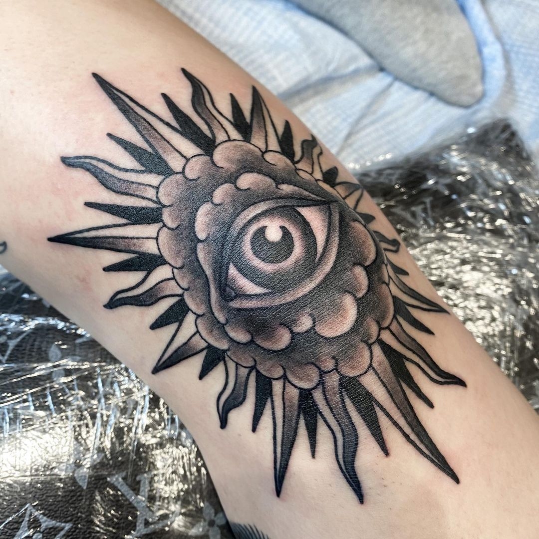 Black and grey tattoo of all seeing eye by artist Alan Lott at Sacred Mandala Studio in Durham, NC